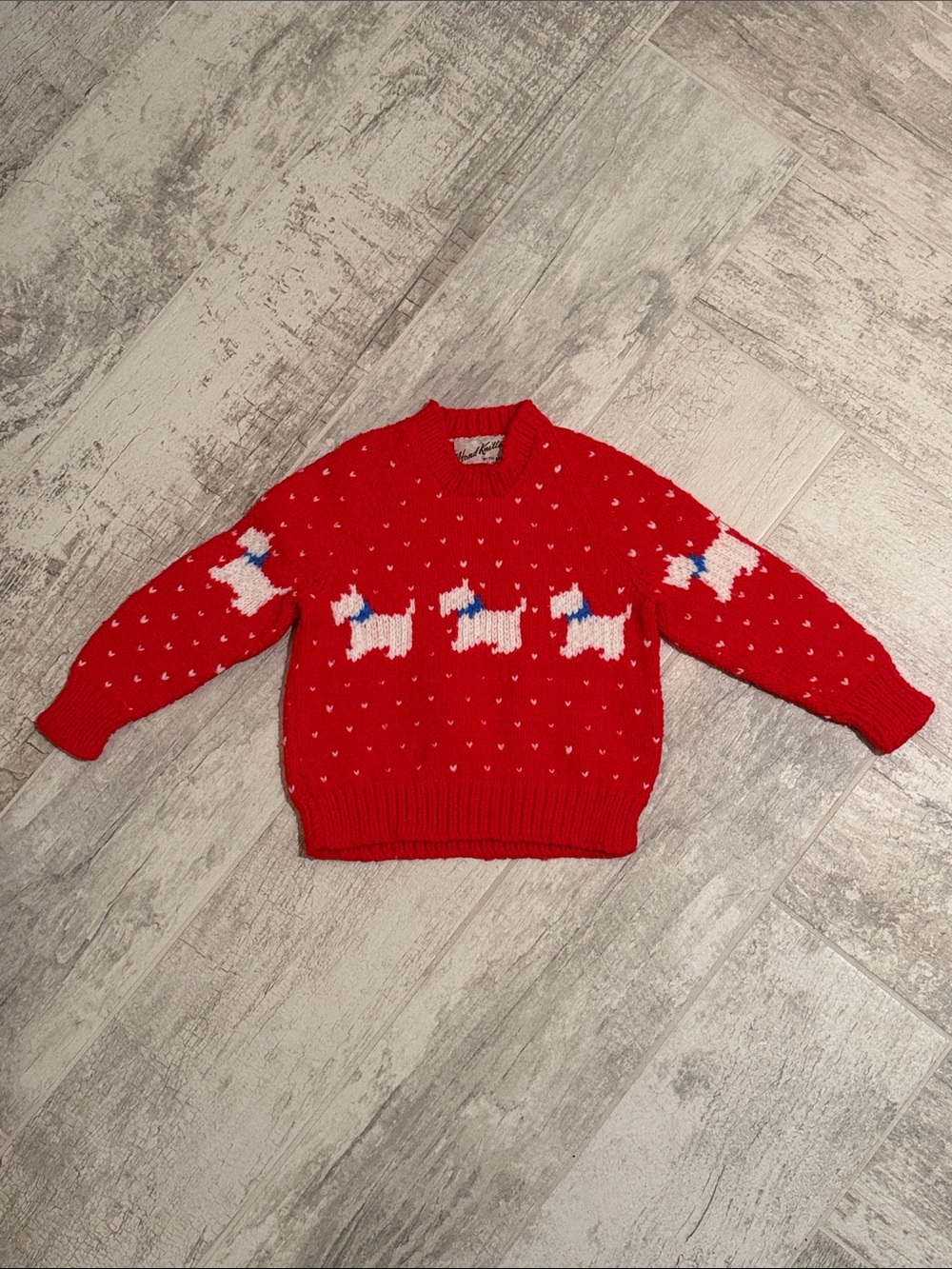 Kid’s Red Hand Knitted Sweater with Scottie Dog Pattern